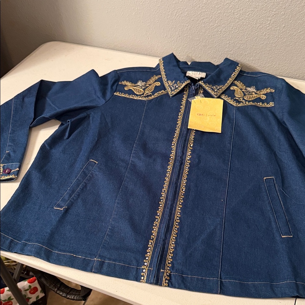Victor Costa Dark Blue Denim Jacket with Gold Embroidery